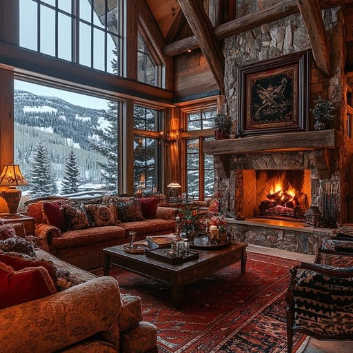 Cozy lodge interior with stone fireplace