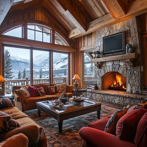 Luxury mountain lodge interior with cozy fireplace